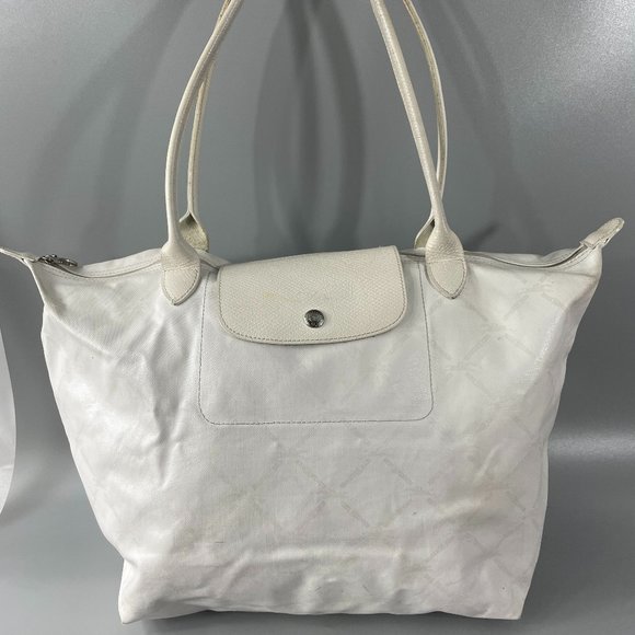 Longchamp Handbags - Longchamp White/Gold Log Printed Coated Canvas Le Pliage Tote